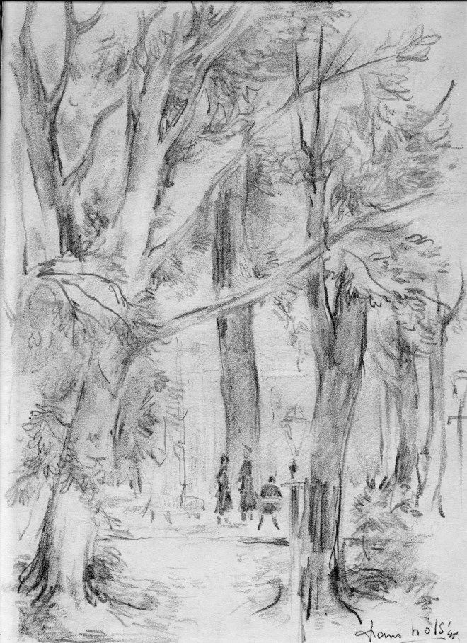 Frans Nols, Stadspark, potloodtekening, 1945